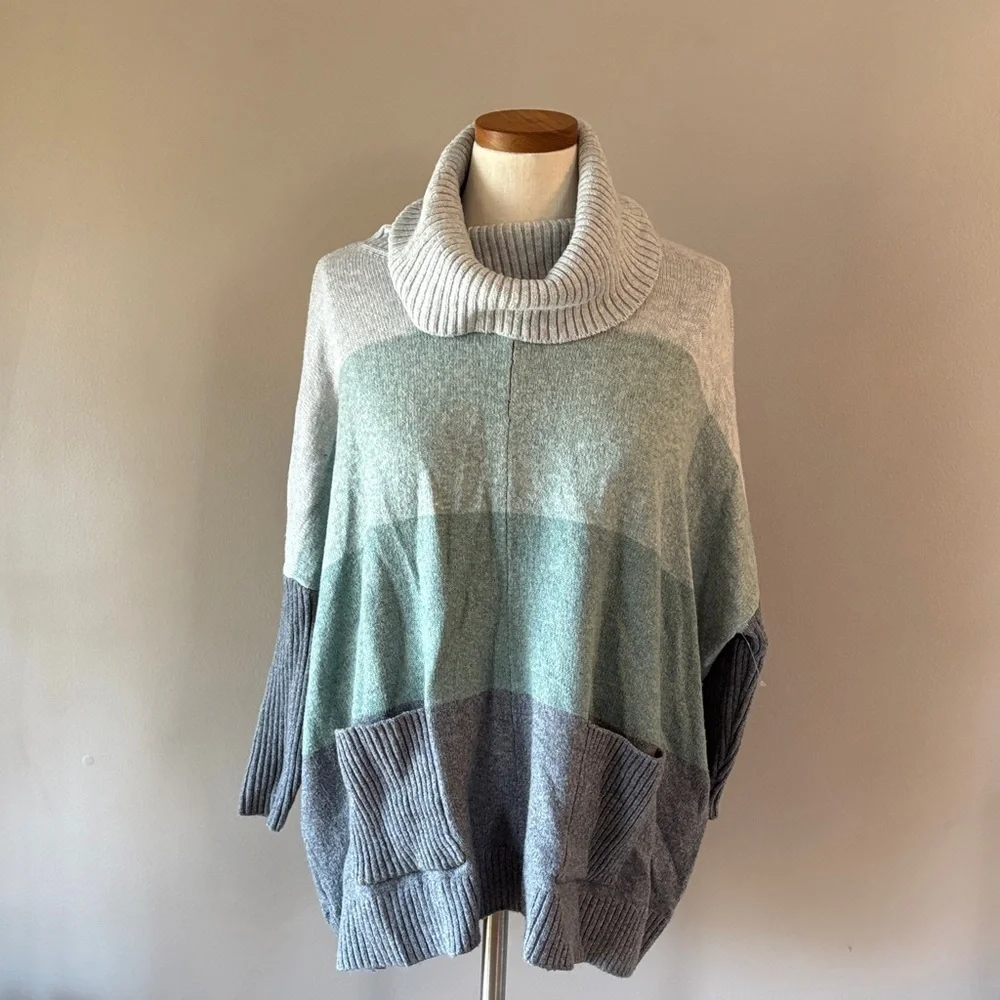 LOFT color block Cowl Neck poncho Sweater green gray cotton blend oversized XS